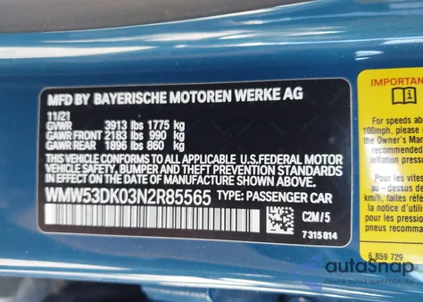 2022 Mini Hardtop Cooper S из США, поврежденный, VIN WMW53DK03N2R85565